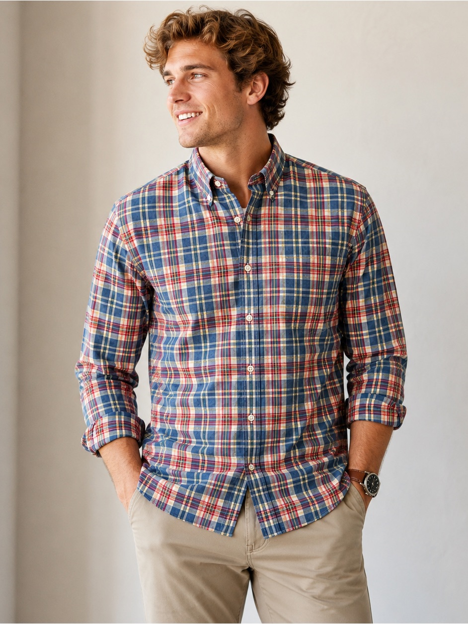 J.Crew Secret Wash Stretch Shirt Men's M Slim Blue Red Plaid Organic Cotton